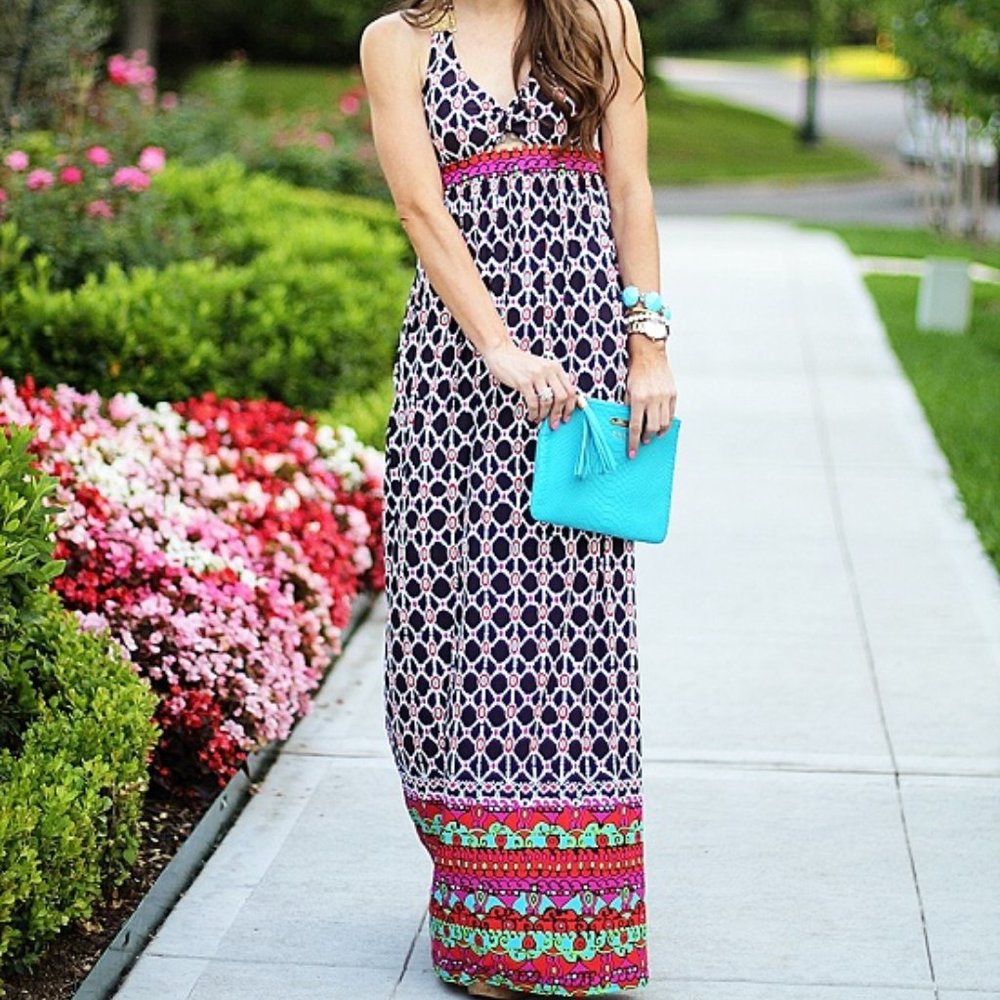 TRINA TURK Geometric Bra Halter Maxi Dress, Sz M - Picture 2 of 8